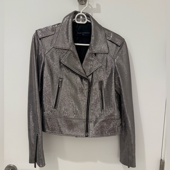 Nour Hammour Daphne Metallic Leather Moto Jacket - Picture 1 of 8